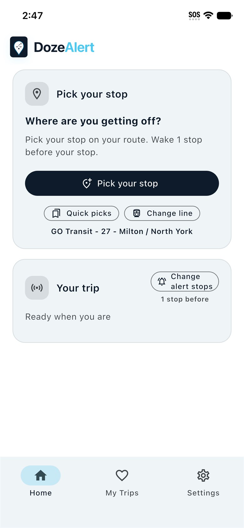 DozeAlert iPhone Home with Pick your stop and wake timing.