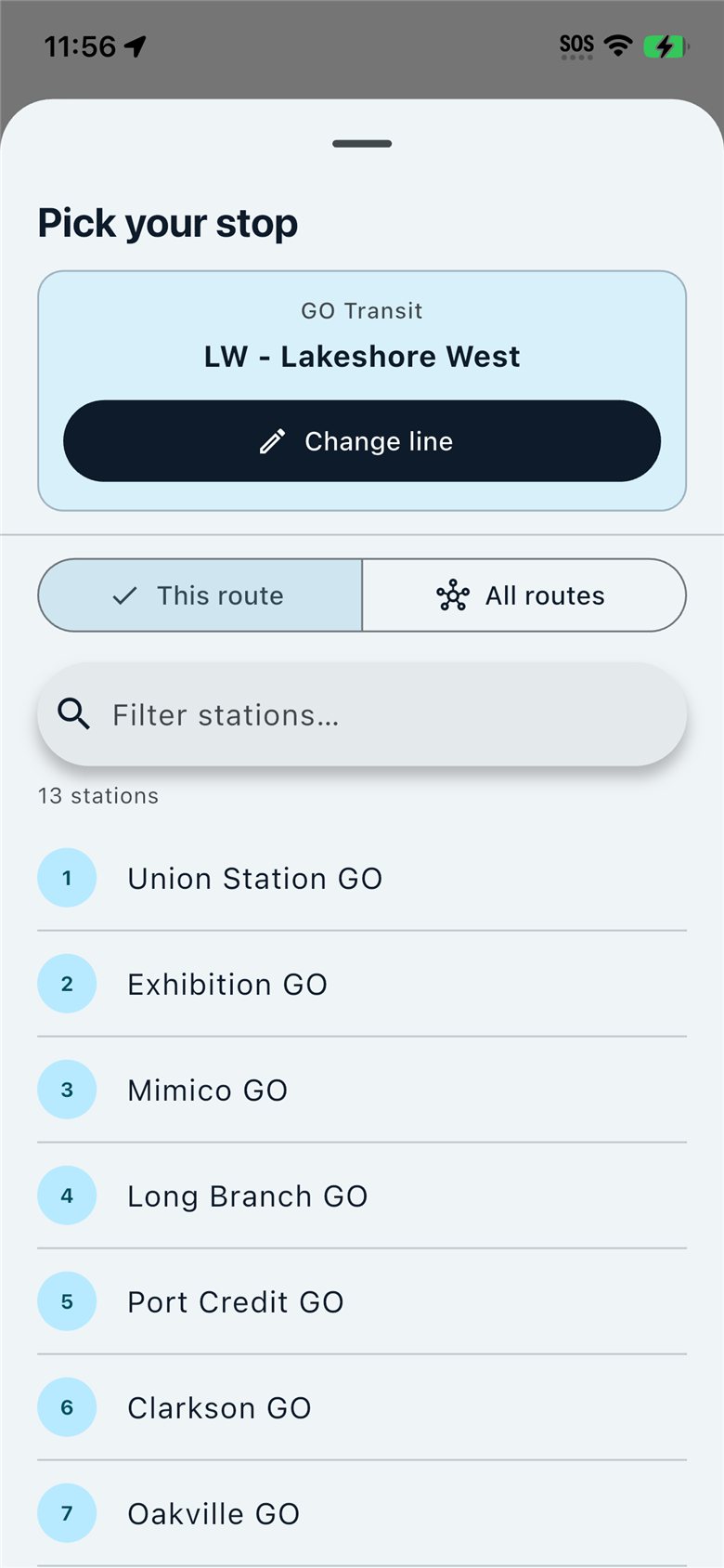 iPhone station picker for GO Transit Lakeshore West.