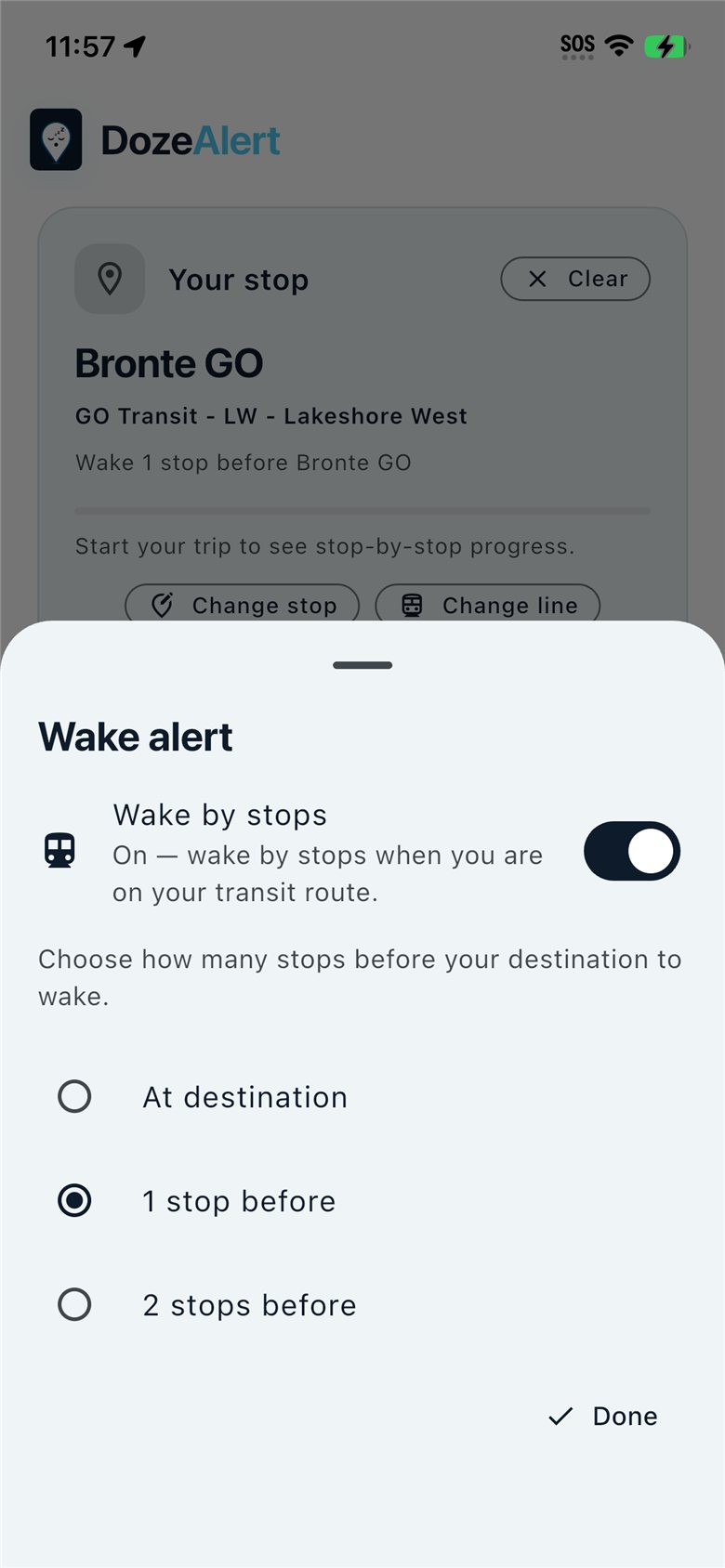 iPhone wake alert sheet with wake by stops options.