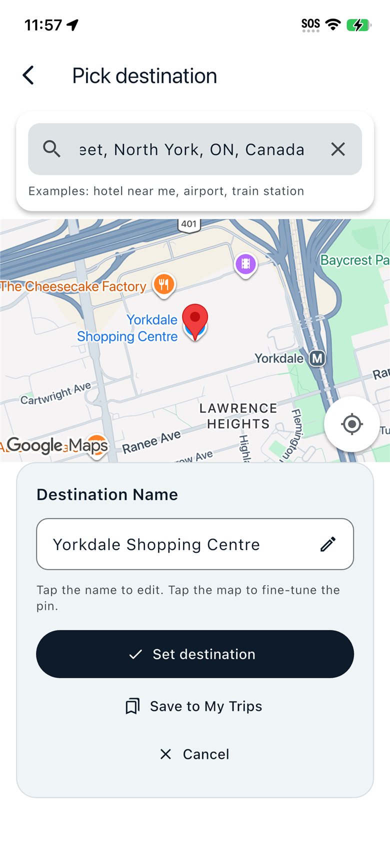iPhone map picker setting Yorkdale Shopping Centre as destination.