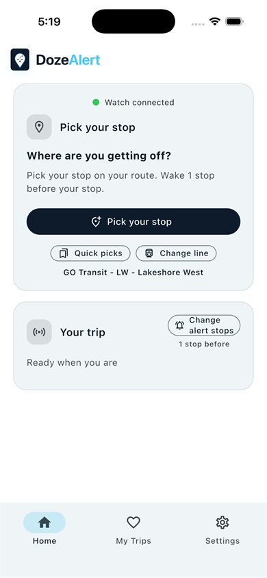 iPhone Home showing Watch connected with Pick your stop.