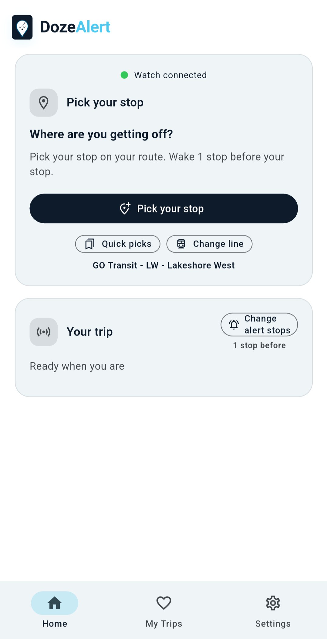Home screen with Pick your stop card and Lakeshore West line.