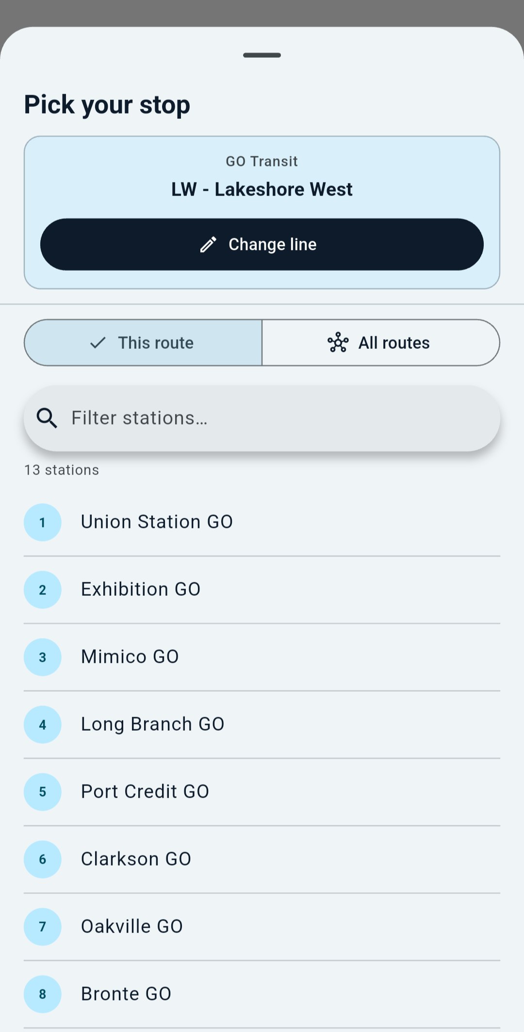 Pick your stop sheet listing stations on the selected route.