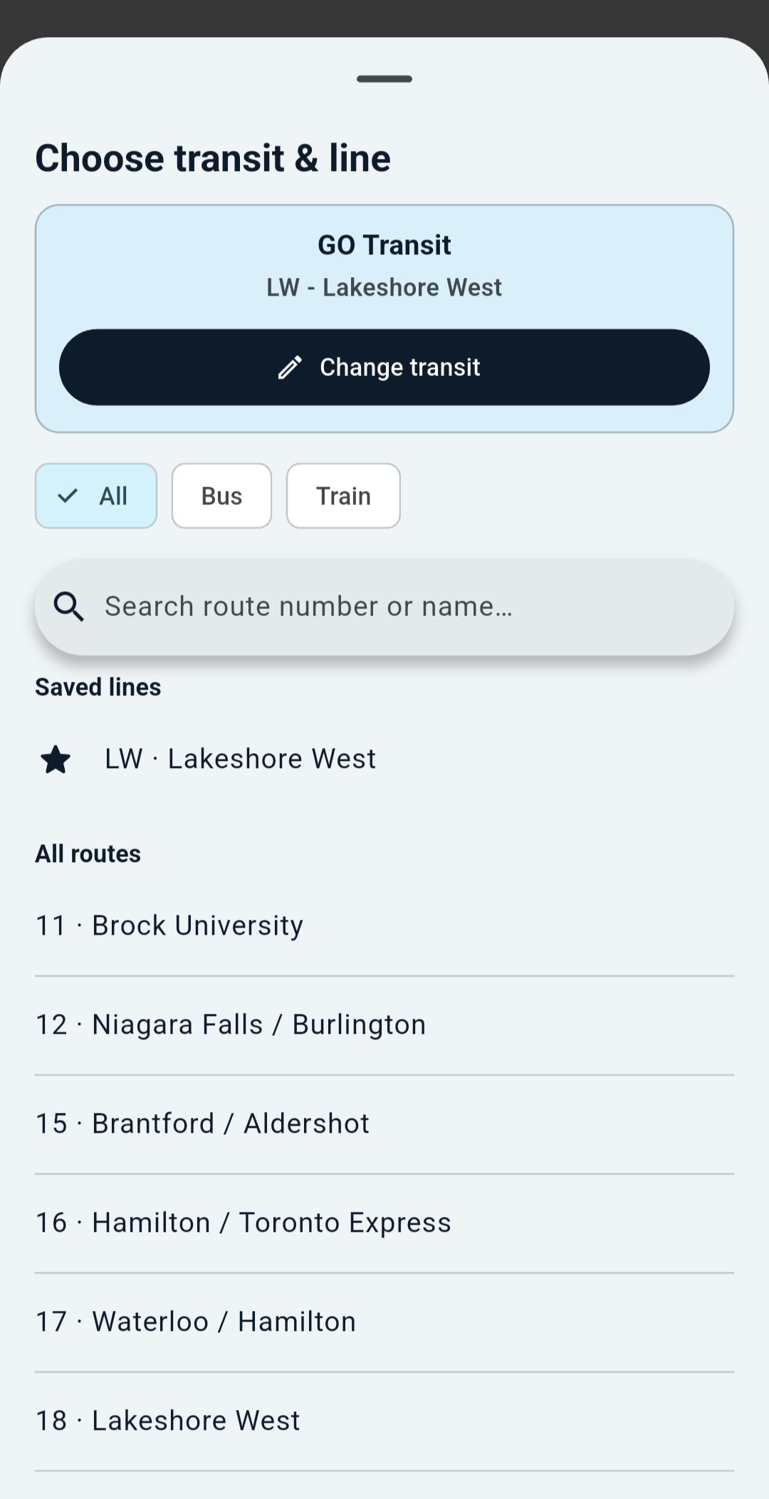 Choose transit and line sheet with route search and bus or train filters.