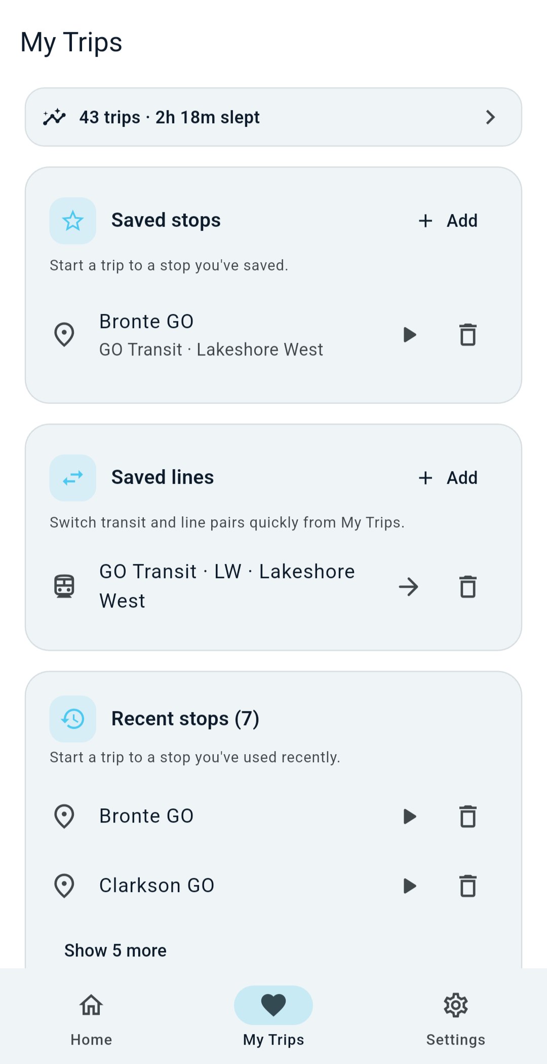 My Trips tab with saved stops, saved lines, and recent stops.