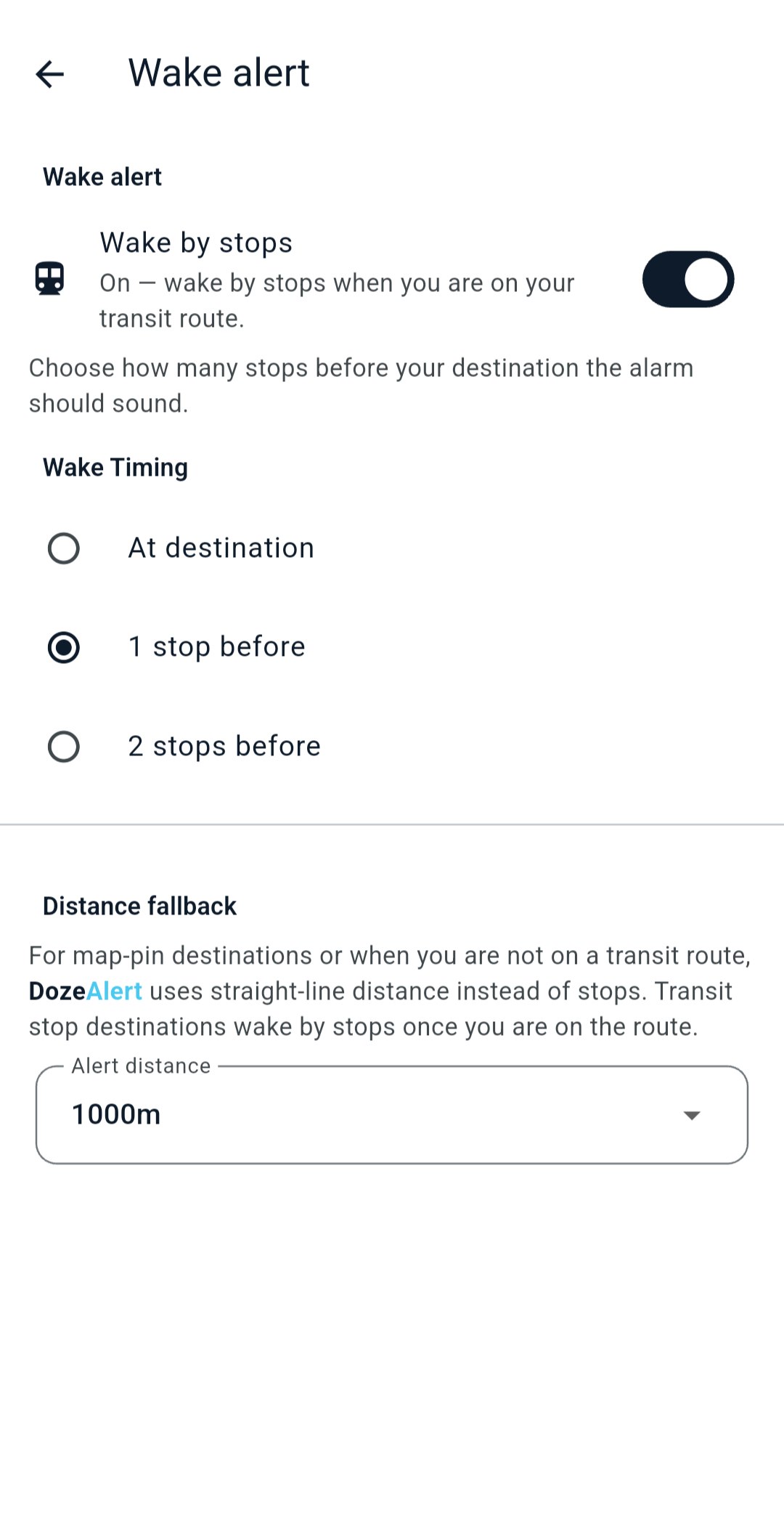 Wake alert settings with wake-by-stops timing.