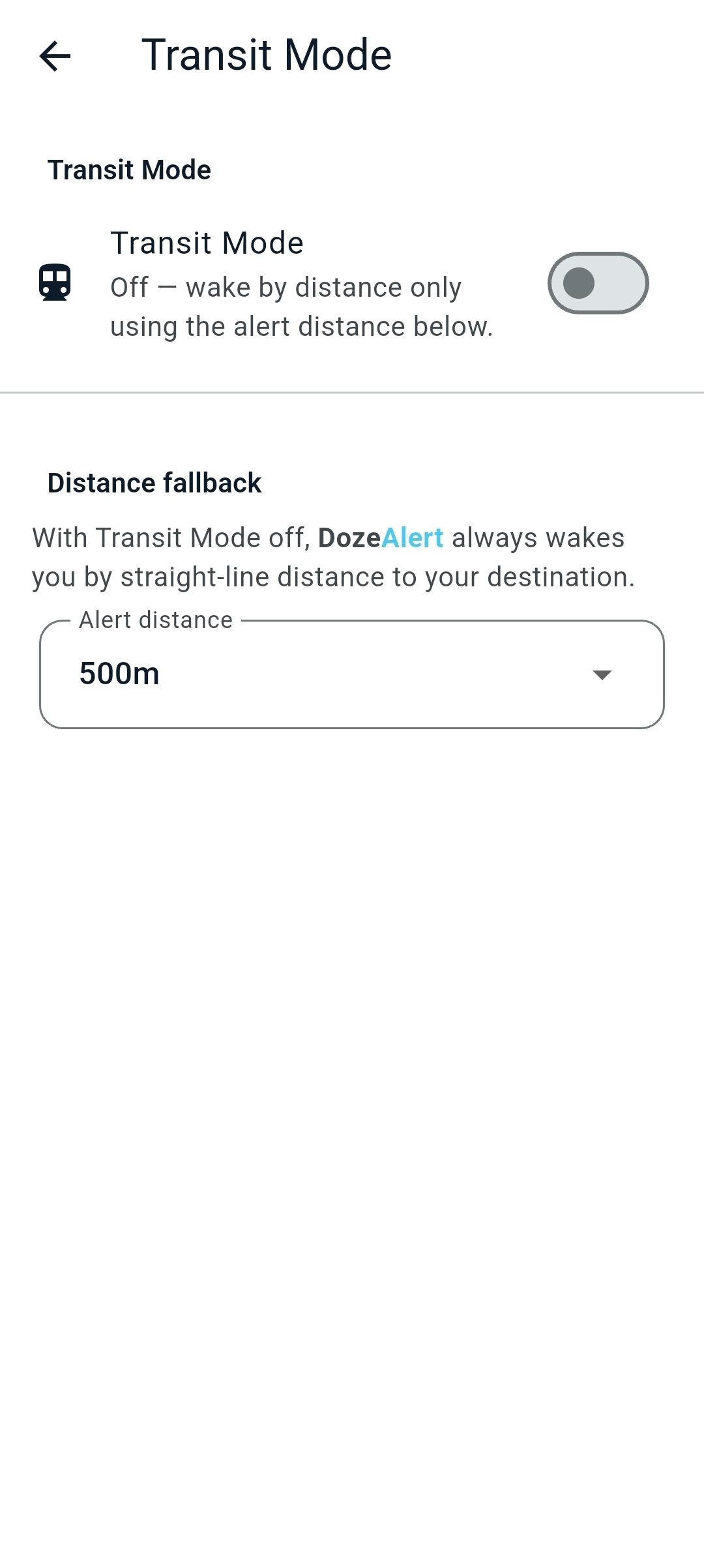 Transit Mode settings with Transit Mode off and 500m alert distance.