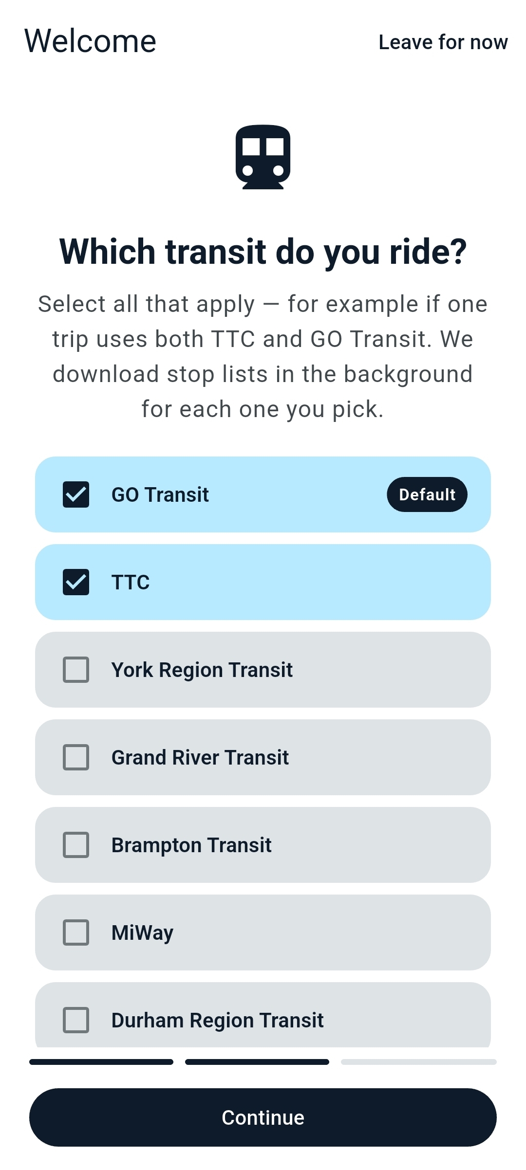Multi-agency picker with two transit agencies selected.