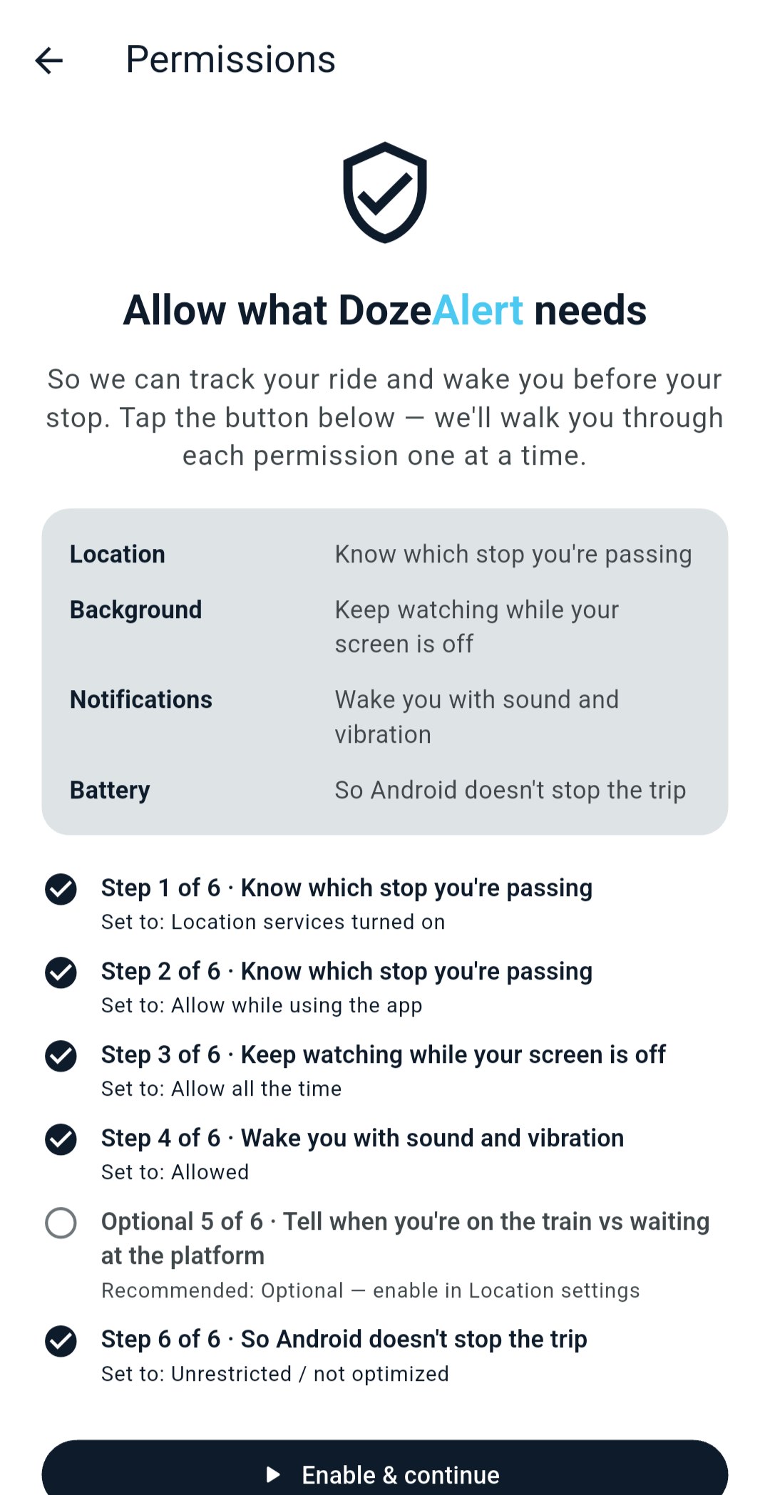 Permissions checklist with guided Android setup steps.