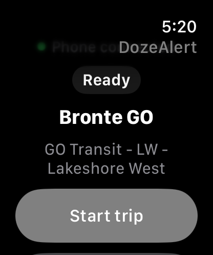 Apple Watch Ready screen for Bronte GO with Start trip button.