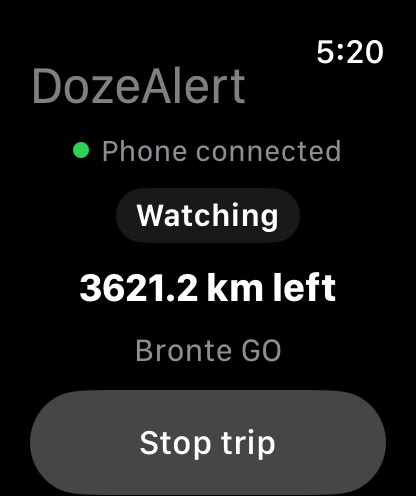 Apple Watch Watching screen with distance remaining and Stop trip.